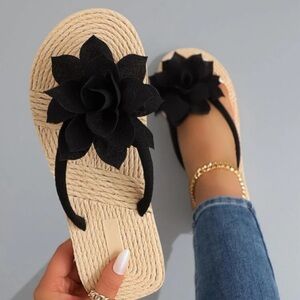 Black Floral Flat Sandals for Women